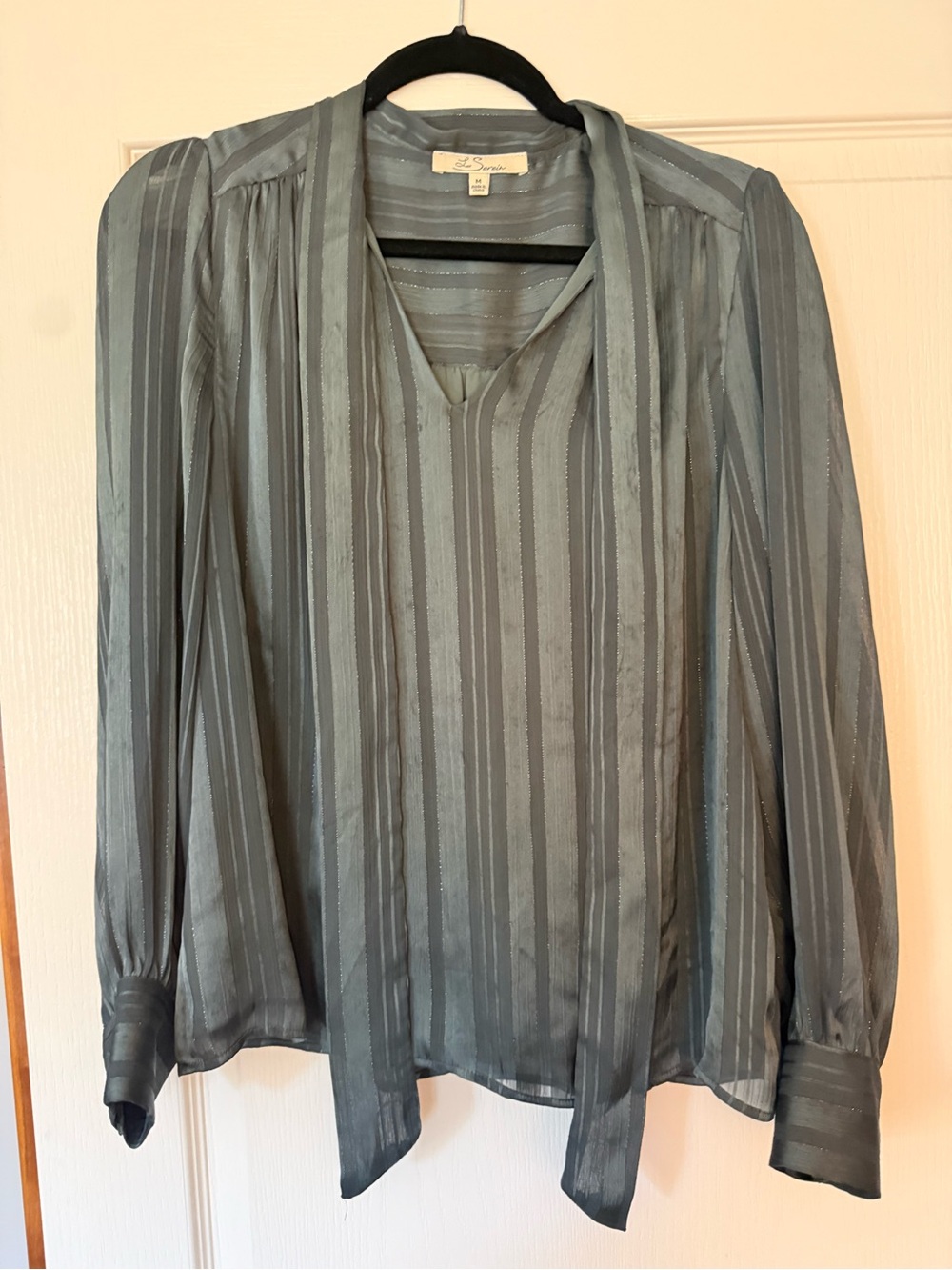 Silk-Blend Green Stripe V-Neck Tie Blouse